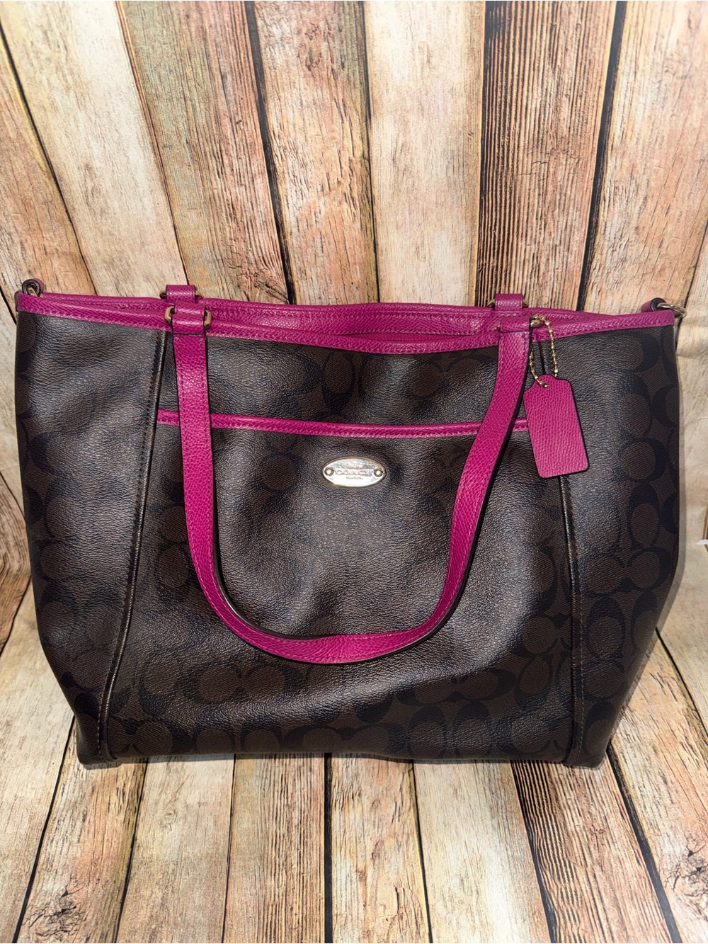 Coach Brown Signature Canvas Tote with Pink Trim